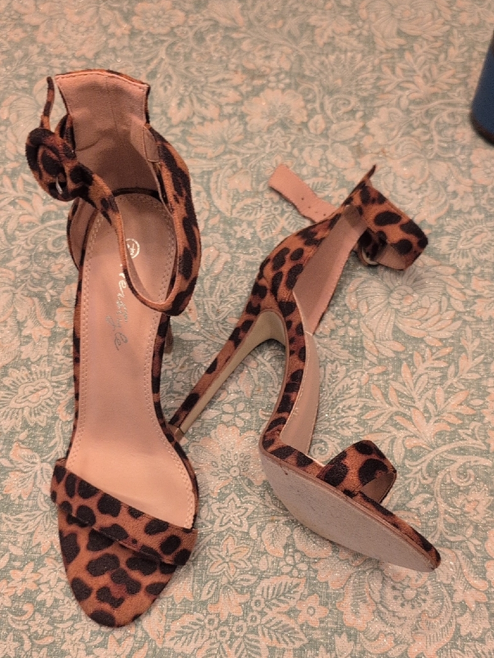 **HERSTYLE Leopard Print Ankle Strap Heels Open Toe Stiletto Sandals